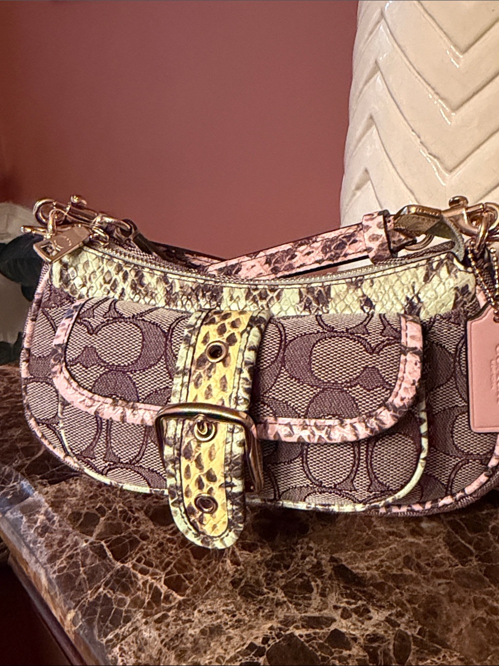 Coach NWT Ashton Mini Crescent Shoulder Bag in Pink, Cream & Yellow Snake-Print - Picture 4 of 16